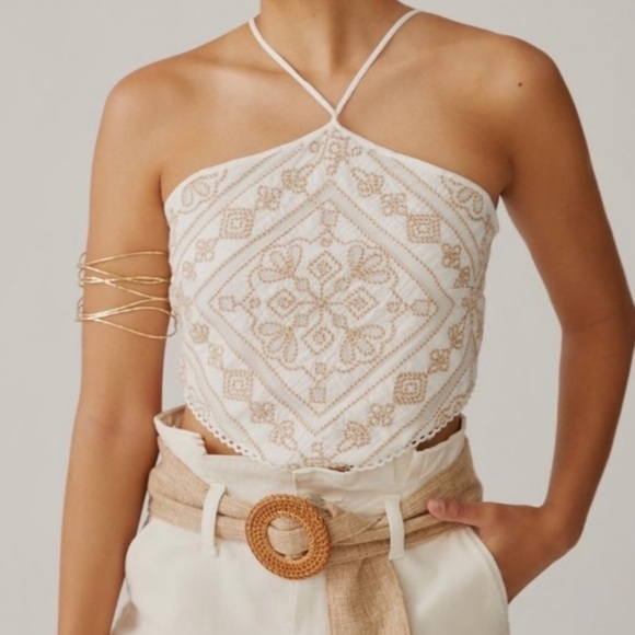 Anthropologie Boho Embroidered Neutral Coastal Festival Halter Crop Top Sz 12 - Picture 2 of 12